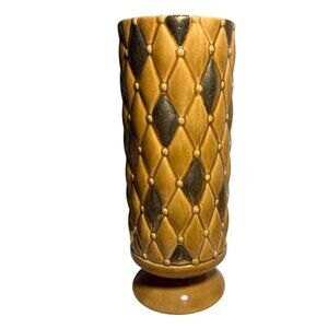 Tall Ceramic Vase Diamond Lattice Design Signed Carol MCM Gold Brown 8.5" Tall
